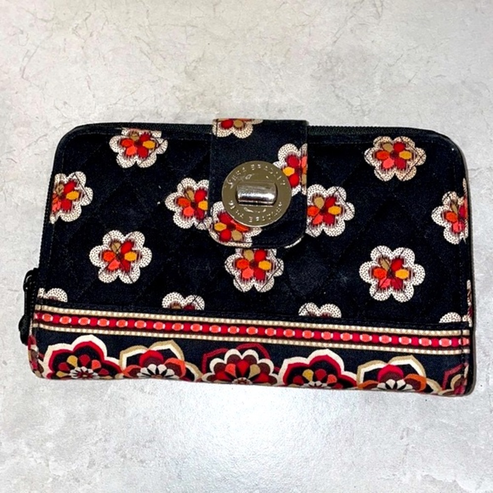 Vera Bradley Wallet with Black Background and Vibrantly Colored Flowers